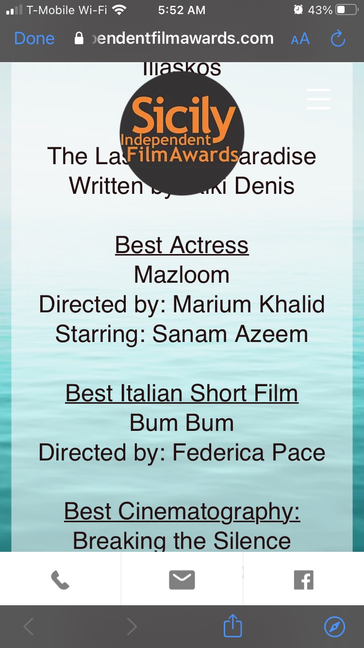 Sicily Independent Film Awards listing Mazloom Sanam Azeem
